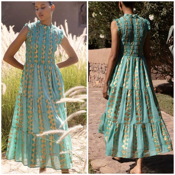 Oliphant Dresses & Skirts - OLIPHANT Ascot Teal Gold Sleeveless Smocked Maxi Dress SZ XL
